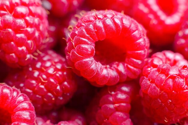 Macro of ripe red raspberry. Food background. Closeup