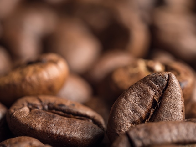 Macro  of roasted arabica coffee beans.