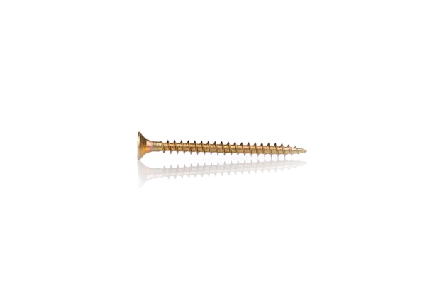 macro screw of golden color on a white background closeup