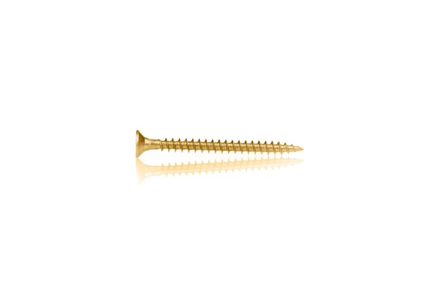 Macro screw of golden color on a white background