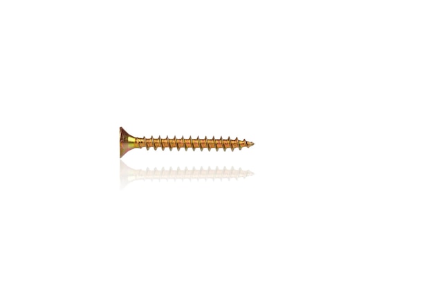 Macro screw of golden color on a white background