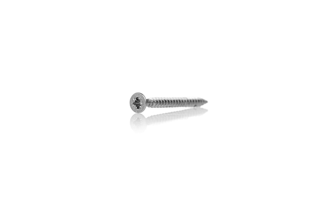 macro screw of silver color on a white background closeup