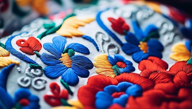 Macro shoot mexican embroidery with colorful in the style of latin and indigo