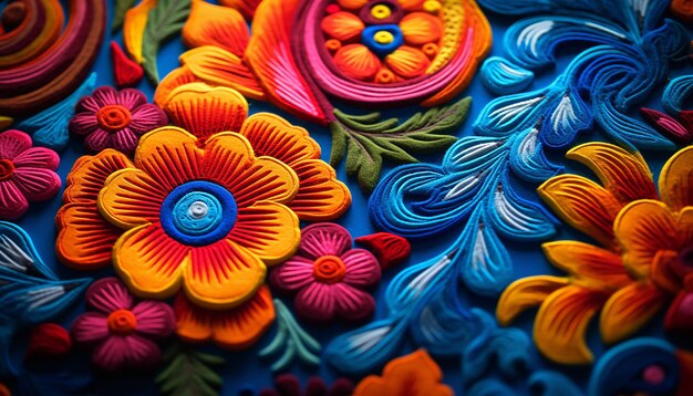 Macro shoot mexican embroidery with colorful in the style of latin and indigo