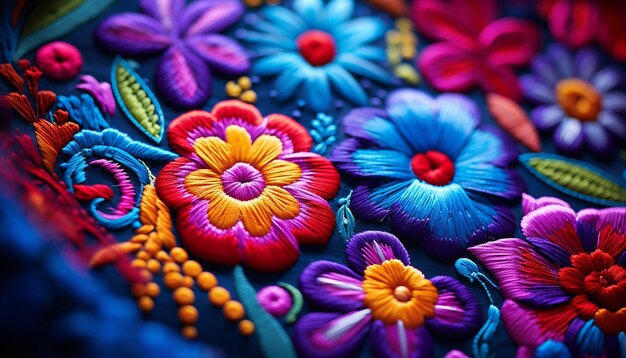 Macro shoot mexican embroidery with colorful in the style of latin and indigo