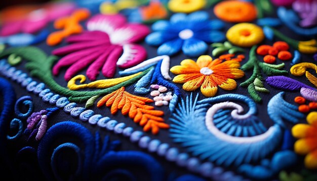 ラテンとインディゴのスタイルでカラフルなメキシコ刺繍をマクロ撮影します。