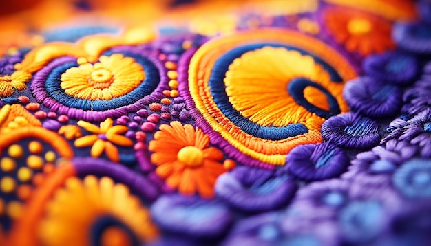 Macro shoot an yellow and orange embroidery with colorful in the style of magenta and indigo
