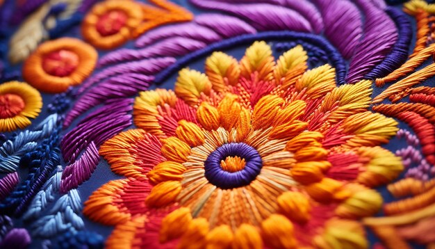 Macro shoot an yellow and orange embroidery with colorful in the style of magenta and indigo