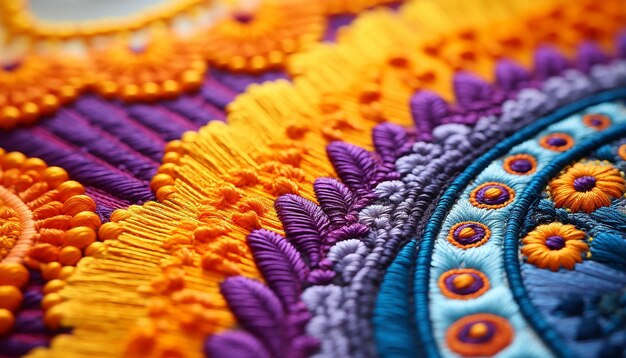 Macro shoot an yellow and orange embroidery with colorful in the style of magenta and indigo