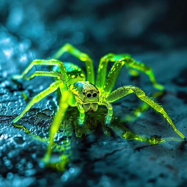 Macro shot of a alien neon green jumping spider on a stone surface 3d render