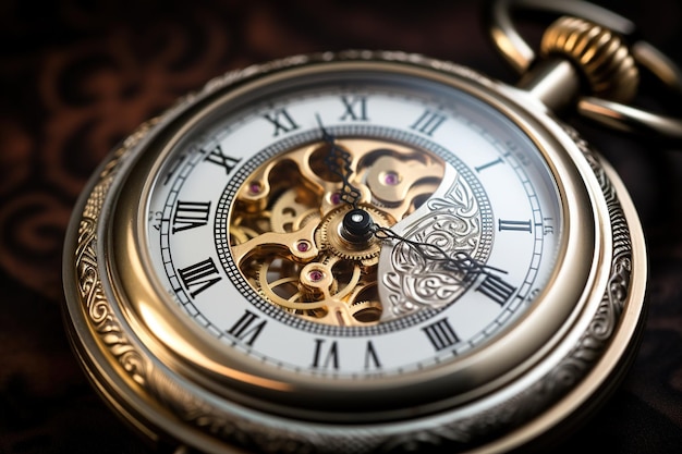 Macro shot of an antique pocket watch focus on the minute hand