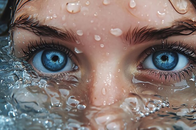 水中の美しい青い瞳のマクロショット