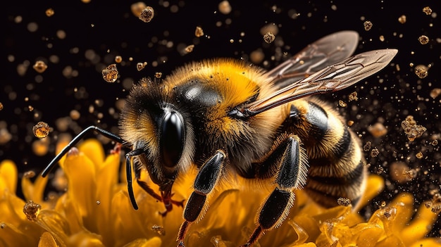 黒い背景で花粉を集めるミツバチのマクロショット