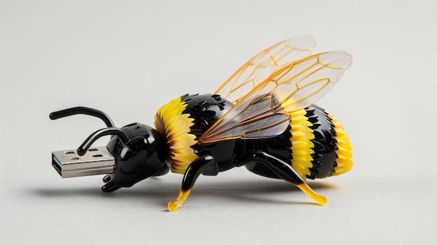 Photo a macro shot of a bee made of glass with a usb plug the bee is black and yellow with clear wings it is sitting on a white surface