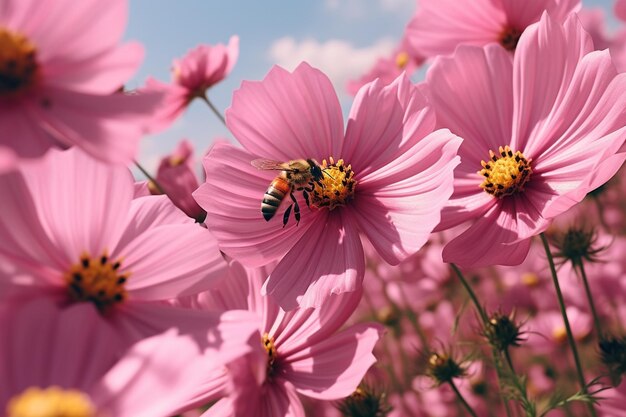 Photo macro shot of a bee pollinating a cluster of pink 00442 01