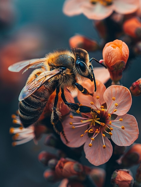 Macro shot of a bee pollinating a flower