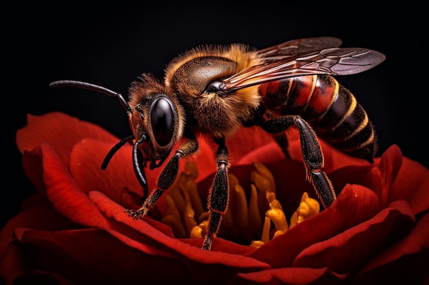 A macro shot of a bee pollinating a rose flower