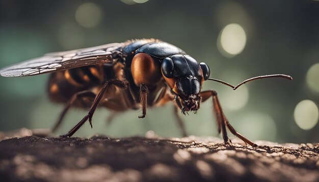 Macro shot of a bee on a rock in the forest