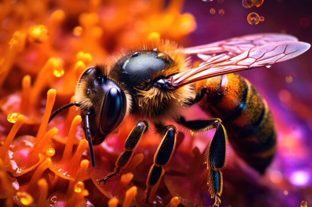 Macro shot of a bee with bright rainbow colors orange and purple generative ai