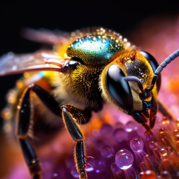 Macro shot of a bee with bright rainbow colors orange and purple generative ai