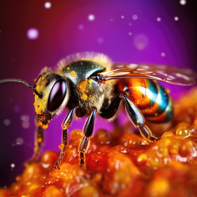 Macro shot of a bee with bright rainbow colors orange and purple generative ai