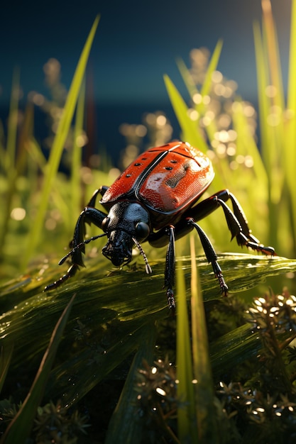 Macro shot of the beetle against a dark background