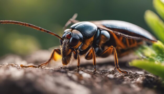 Macro shot of a beetle on a tree trunk Shallow depth of field