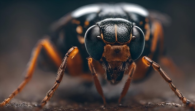 Макро-съемка черного муравья на темном фоне