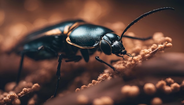 Macro shot of a black beetle on a brown background Macro