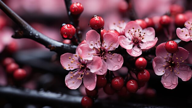 Photo macro shot of black cherryon tree background hd generative ai