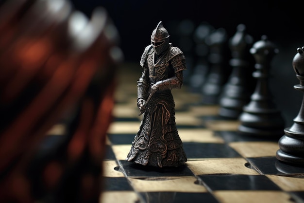 Macro shot of a black knight facing a white pawn