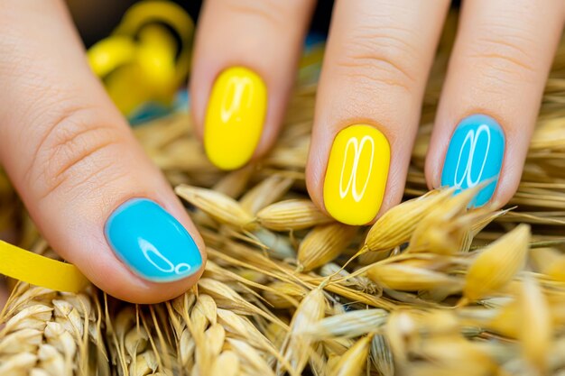 Premium Photo | A macro shot of a blueyellow nail manicure against the  background of ears of wheat manicure gel polish made in the ukrainian style