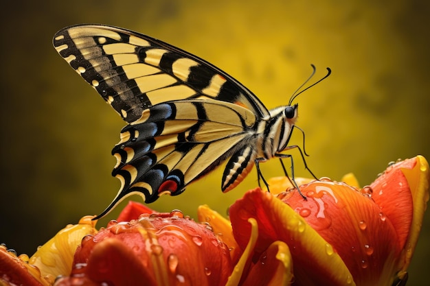 Макро снимок бабочки на маковом бутоне с каплями воды