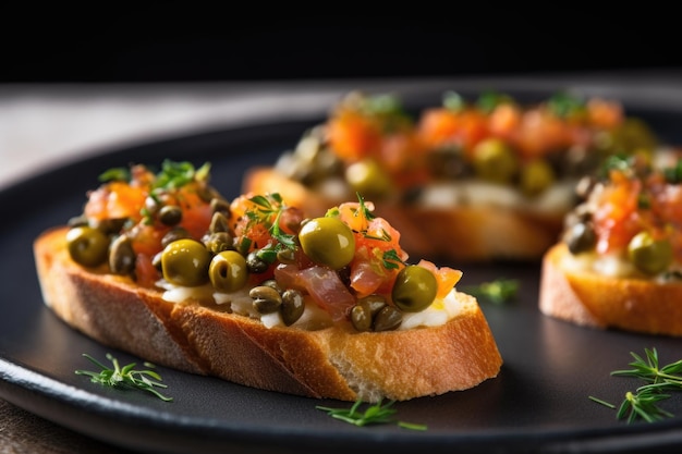 Macro shot of caper bruschetta on grey ceramic plate