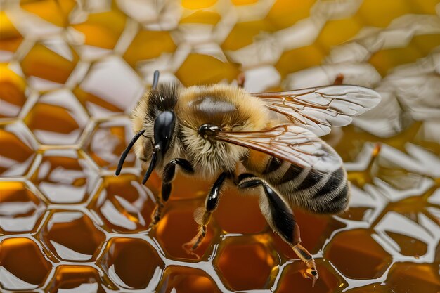 Macro shot captures bee amidst honey showcasing natures sweetness