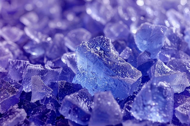 A macro shot captures the intricate details and textures of crushed ice crystals tinged with a mesmerizing purple hue evoking a cool and refreshing sensation