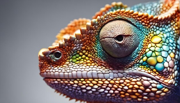 Macro shot capturing the colorful eye of a chameleon in closeup