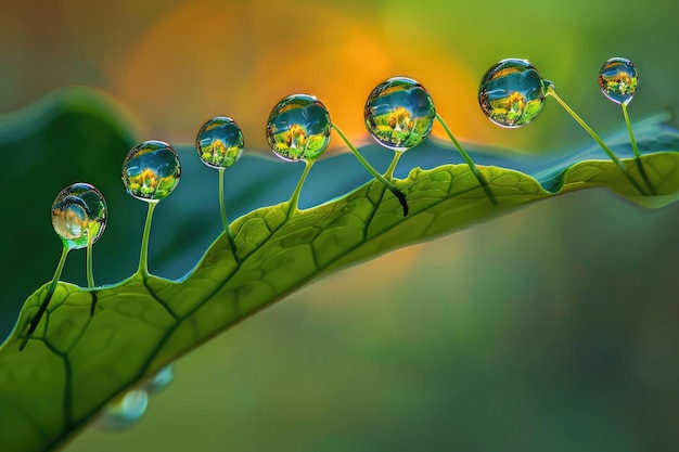 Macro shot capturing the dance of dewdrops on leaves