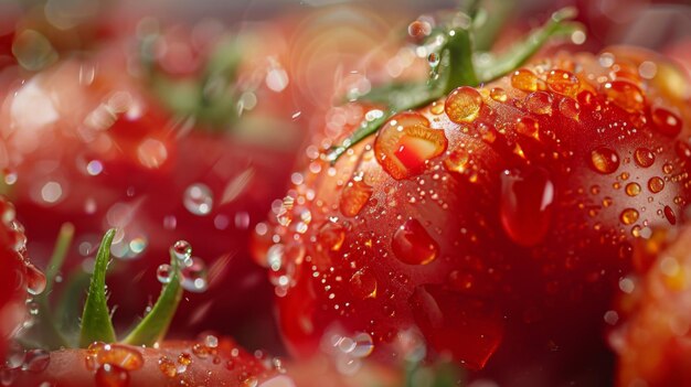 Photo a macro shot capturing sparkling water droplets cascading down the surface of ripe tomatoes enhancing their natural beauty