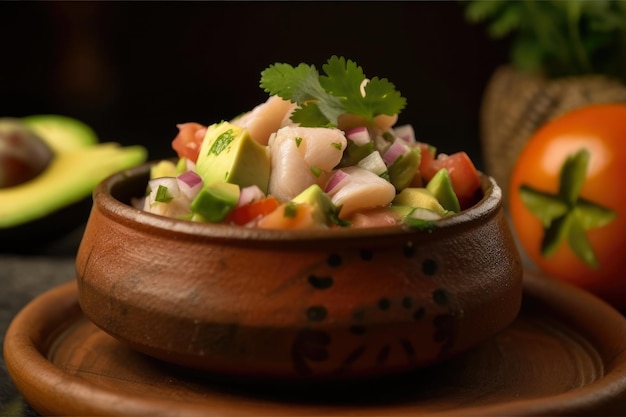 Макроснимок севиче в традиционной мексиканской глиняной посуде с авокадо и дольками помидоров сверху