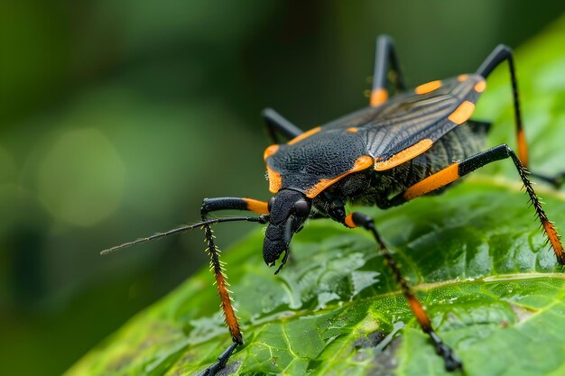 Photo macro shot of chagas disease carrying triatomine bug resting on lush green foliage