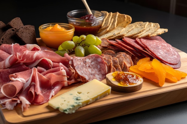 Macro shot of a charcuterie board with a variety of sliced meats including ham turkey