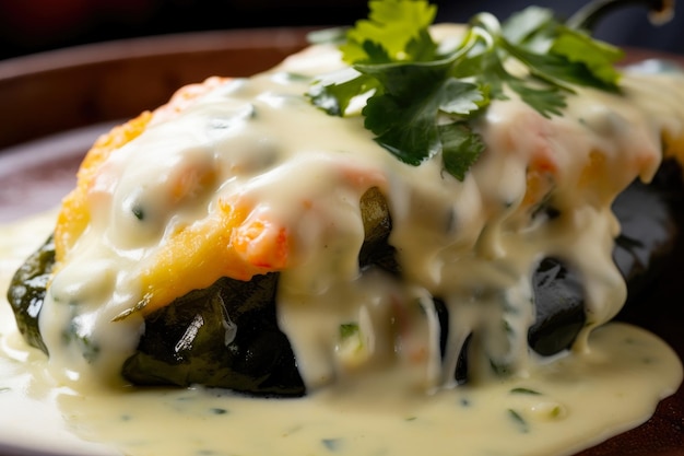 Macro shot of Chiles Rellenos filled with juicy shrimp and topped with a creamy garlic sauce
