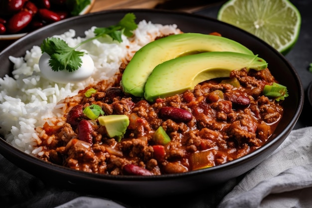 Macro shot of chili con carne on a bed of fluffy white rice with a slice of fresh avocado on top