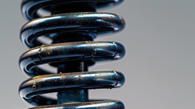 Macro shot of a coiled metal spring with blue patina