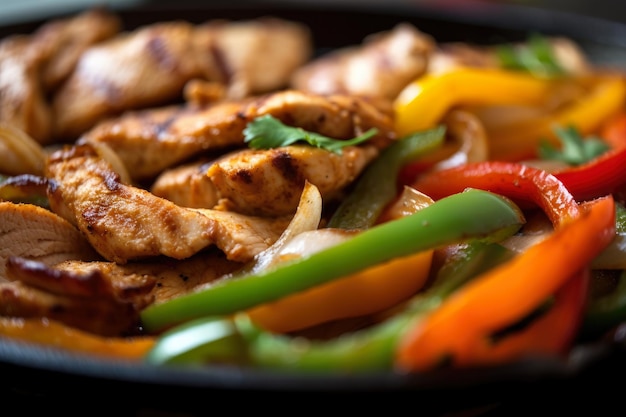 Macro shot of colorful Fajitas with a mix of marinated chicken red and green bell peppers onions