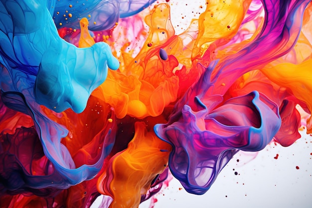 A macro shot of colorful ink mixing and swirling together in water forming unique and intricate patterns
