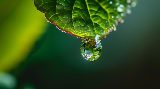 A macro shot of a crystalclear droplet of water hanging from the edge of a leaf