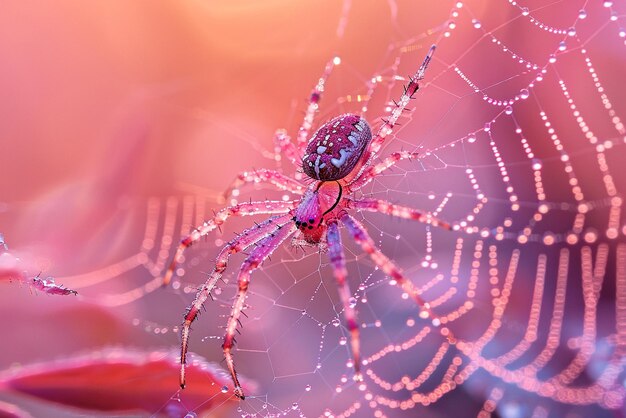 Macro shot of dew on a spider web at dawn