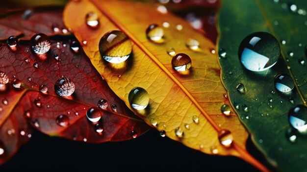 Foto ripresa macro di gocce di rugiada sulle foglie autunnali che evidenziano la consistenza e la variazione di colore ia generativa